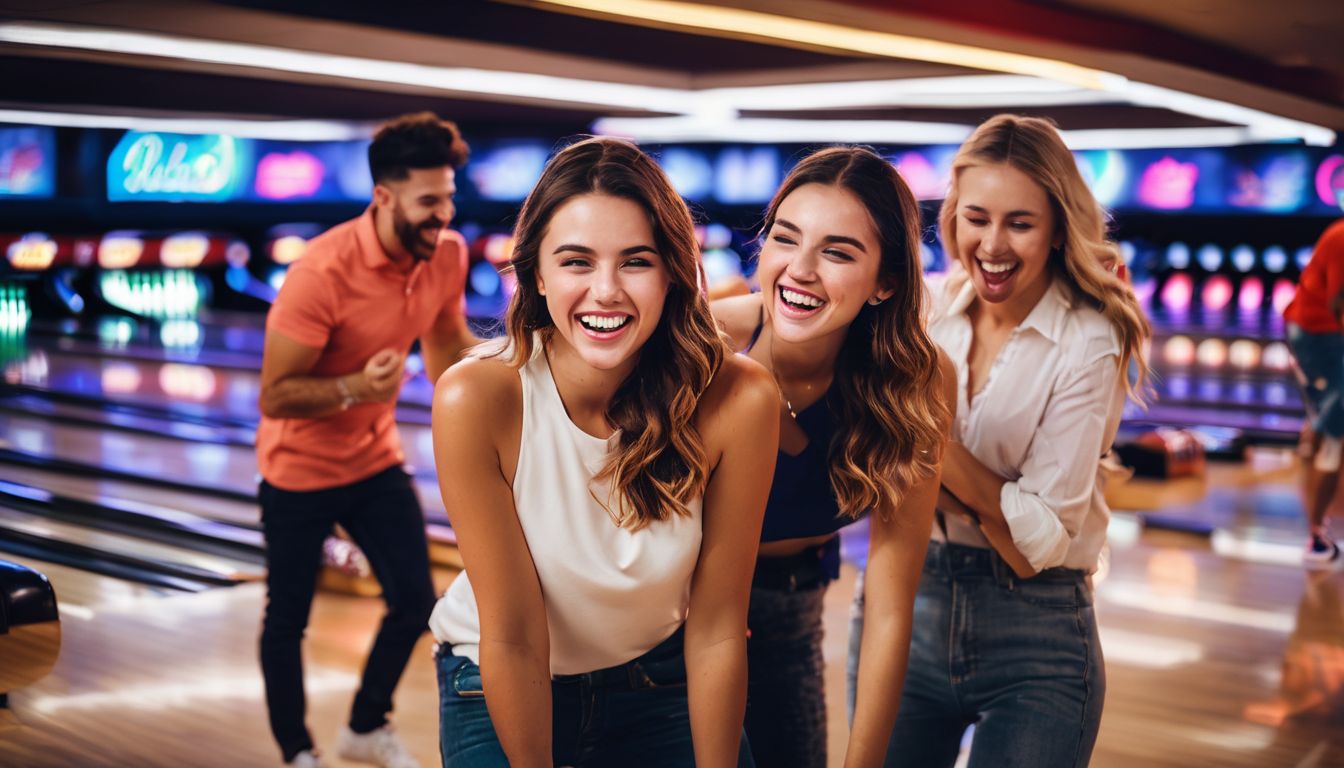 A diverse group of friends enjoys a fun-filled night of bowling.
