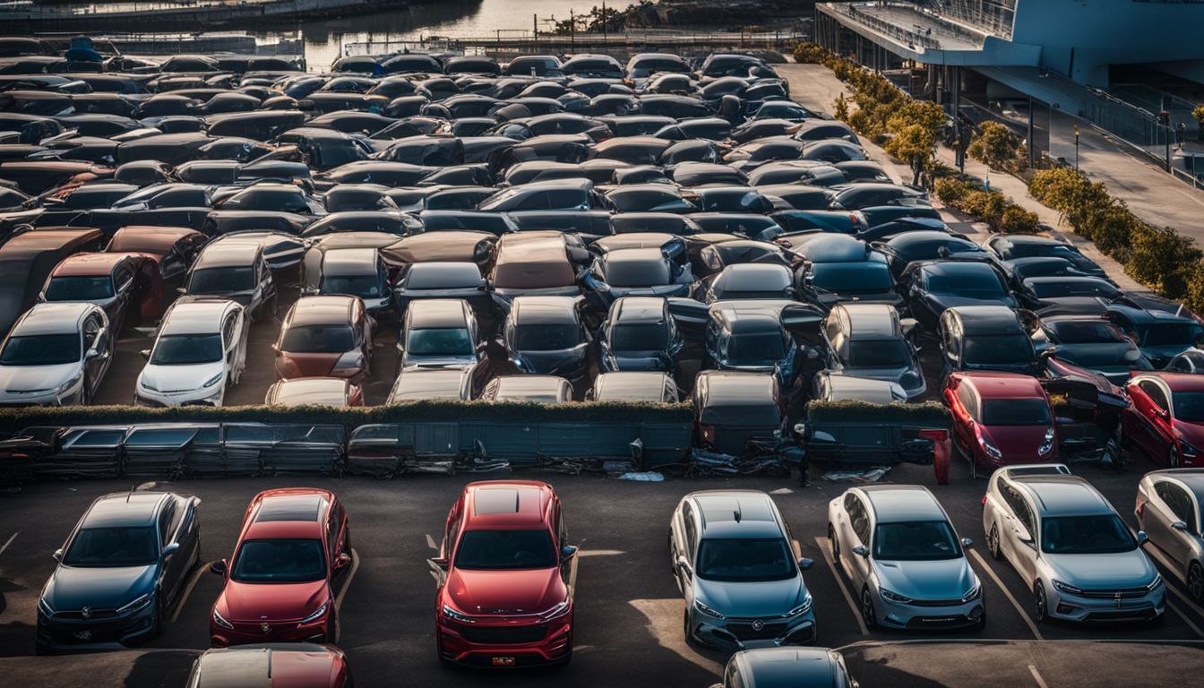 A busy cruise port parking lot filled with cars and people of various appearances.