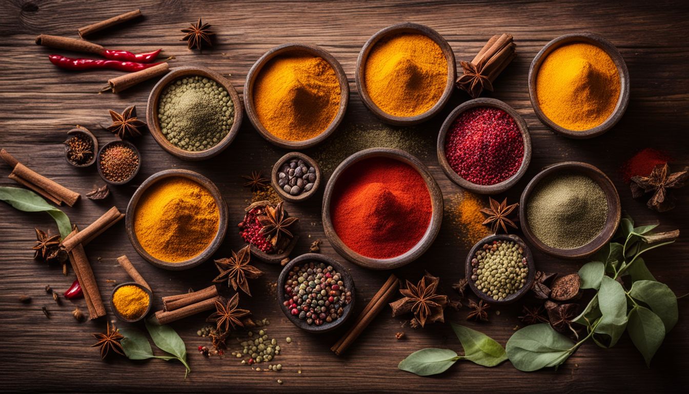 A vibrant assortment of spices displayed on a wooden table.