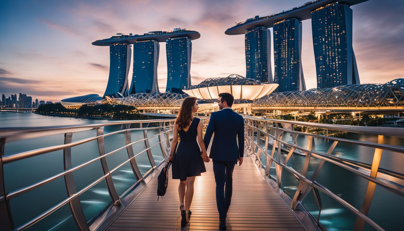 A couple walks hand in hand on the Helix Bridge with the Marina Bay Sands Hotel in the background.