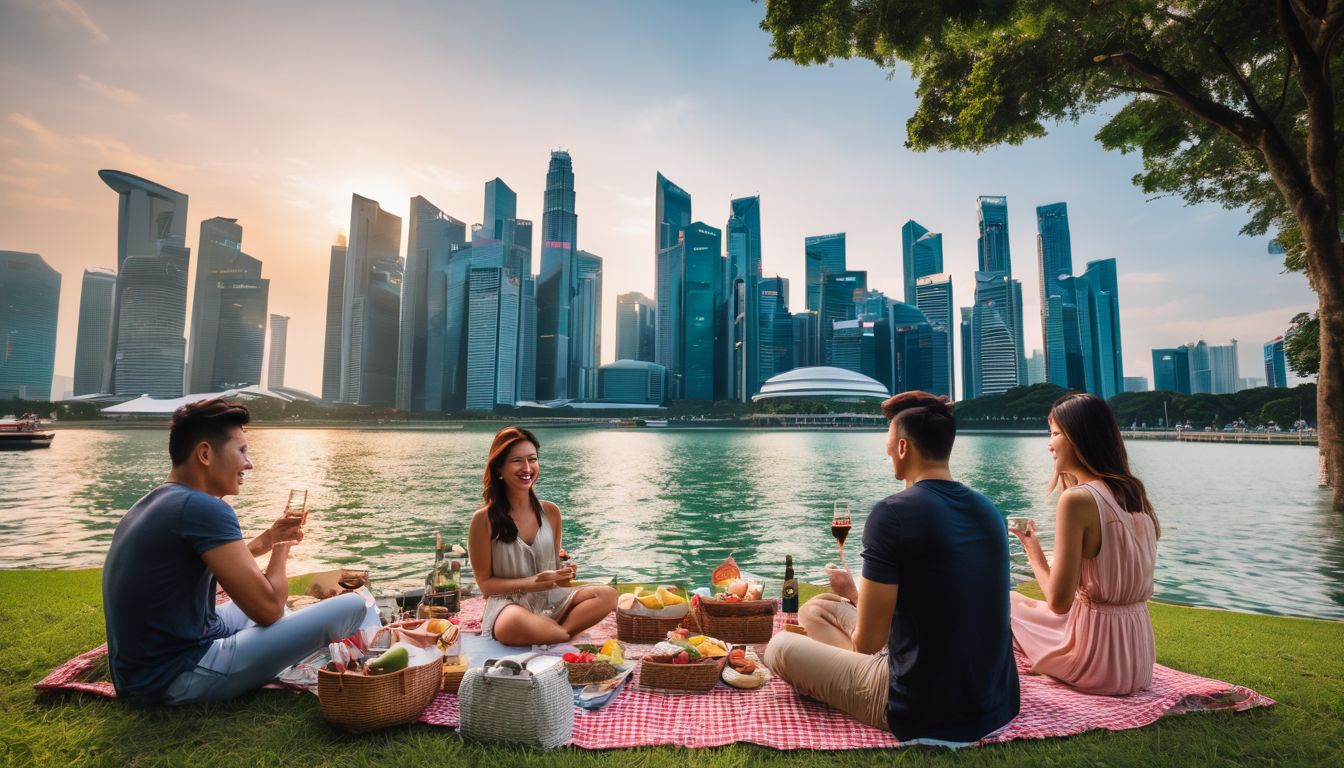 A diverse group of friends enjoys a picnic at Marina Park with the Singapore skyline as their backdrop.