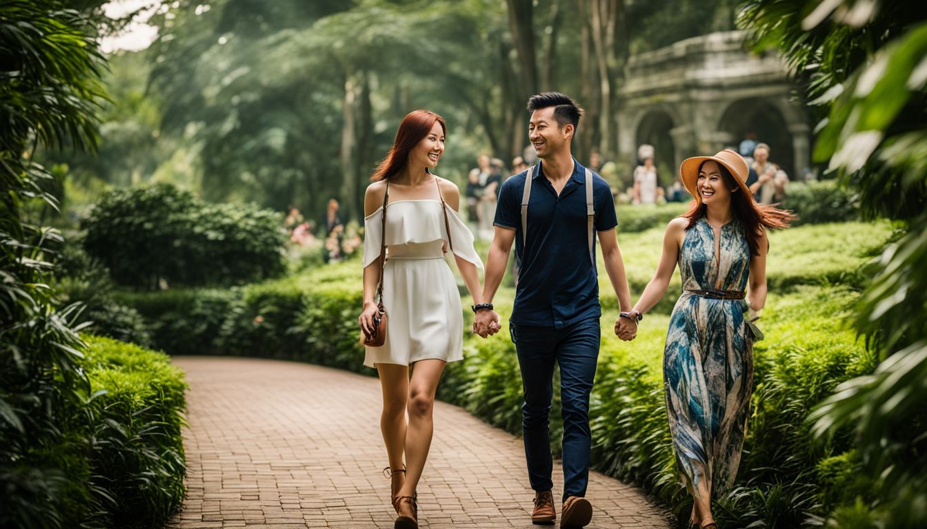 A couple walks hand in hand through the beautiful gardens of Fort Canning Park.