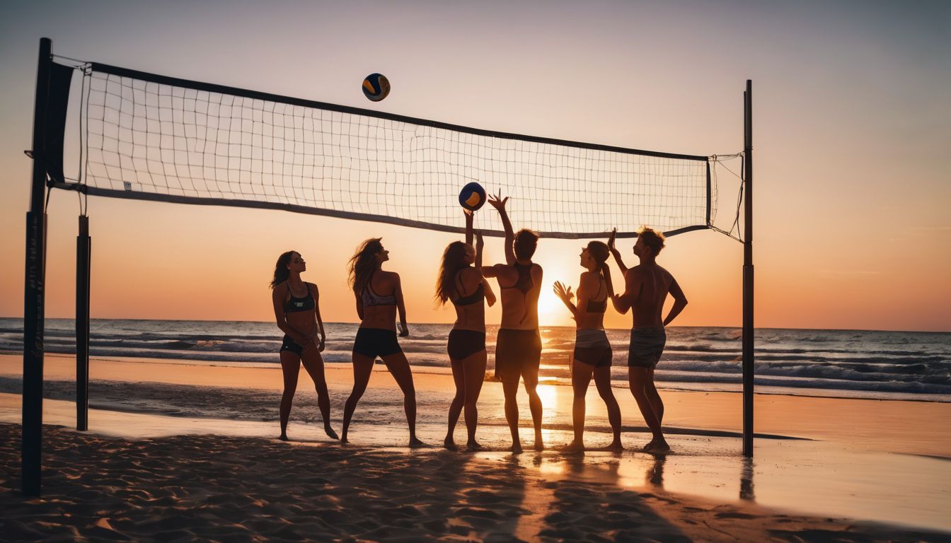 A group of friends enjoys a game of beach volleyball as the sun sets in the background.