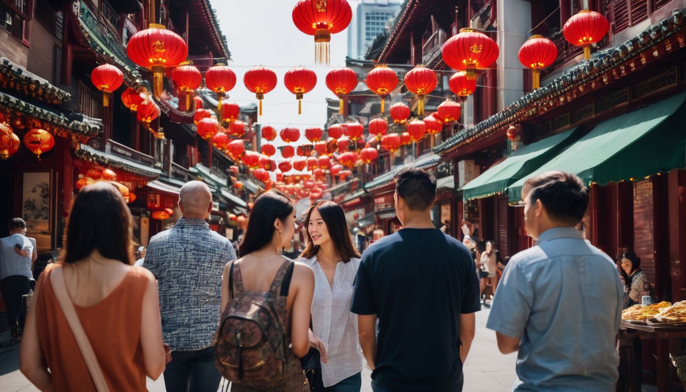 A diverse group of people explore and admire the traditional architecture of Chinatown.