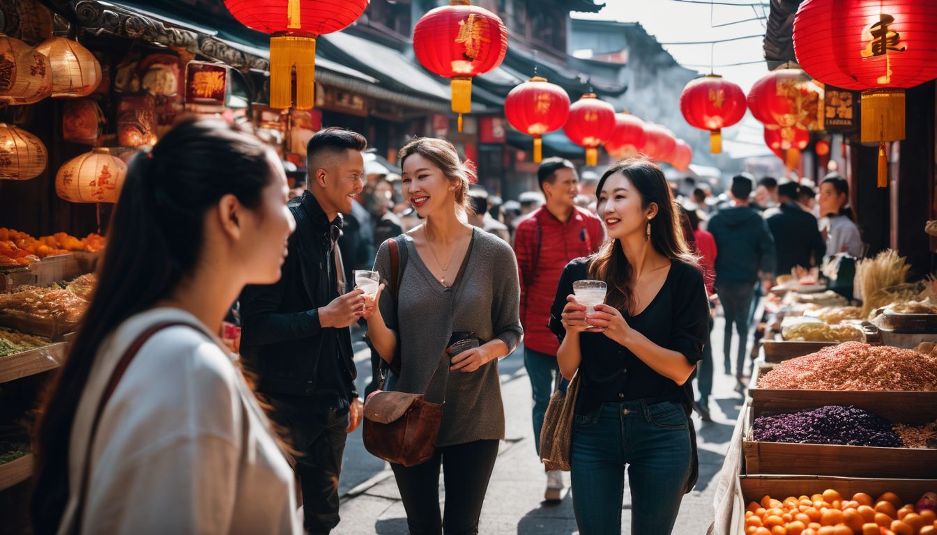 A diverse group of friends explore a bustling market in Chinatown, captured in a vibrant and cinematic photograph.