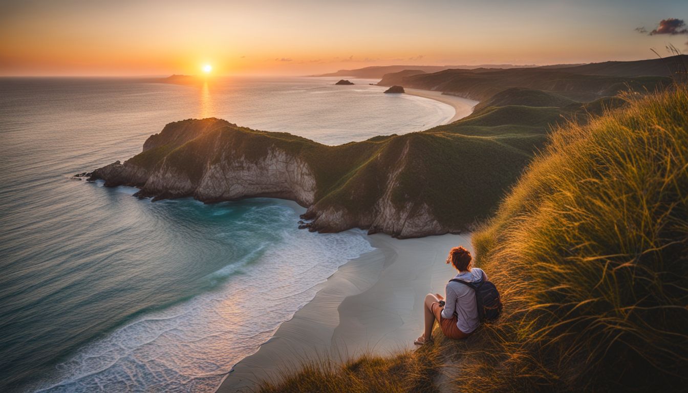 A person enjoys a peaceful sunrise at a secluded beach, with various individuals and beautiful surroundings.