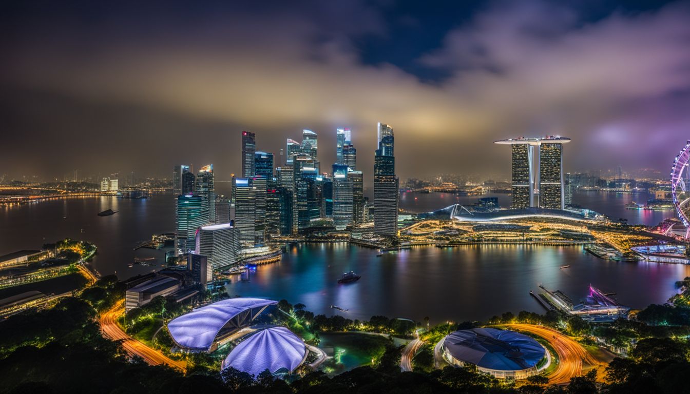 The photo captures Singapore's bustling Central Business District at night, showcasing its iconic skyline and diverse cityscape.