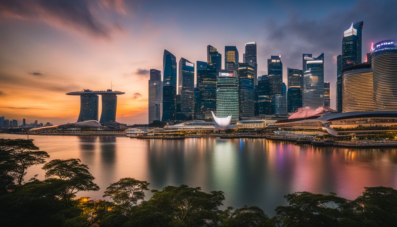 A vibrant photo of the bustling Port of Singapore at sunset, showcasing impressive architecture and a diverse crowd.