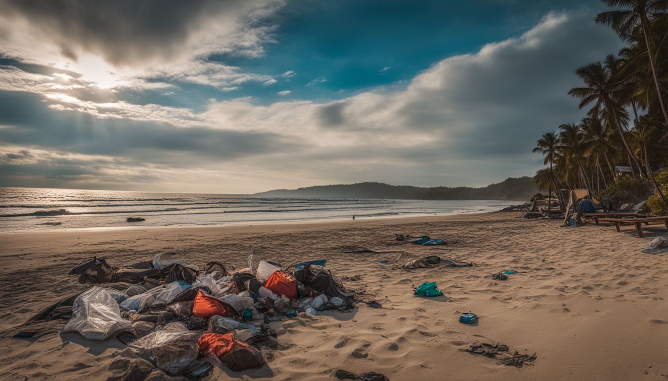 A photograph of a littered beach with trash, depicting a bustling atmosphere and unsightly surroundings.