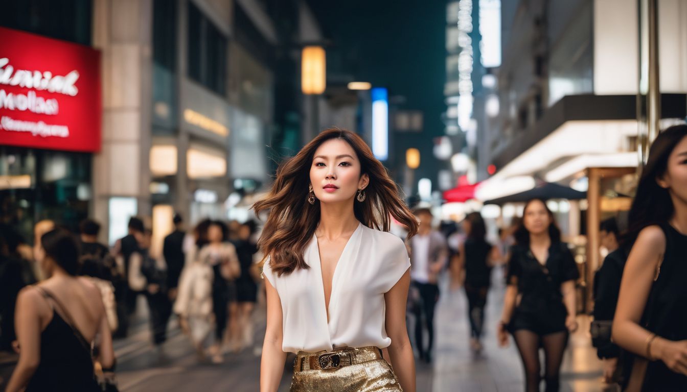 A stylish woman walks along Orchard Road surrounded by luxury designer stores in a bustling cityscape.