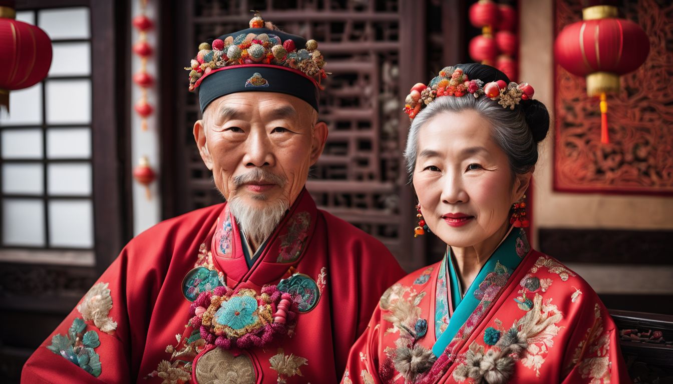 The photo captures an elderly Chinese couple surrounded by vibrant traditional decorations.