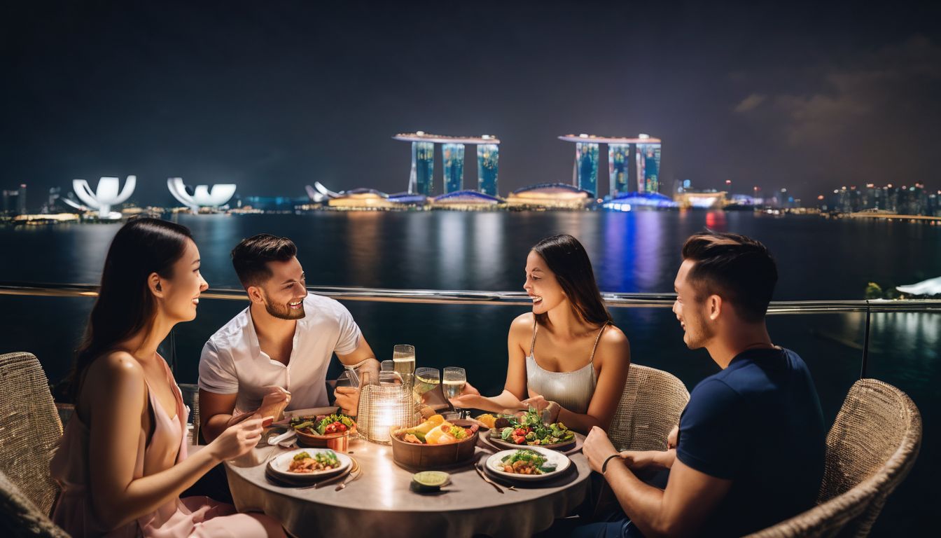 A diverse group of friends enjoying a nighttime picnic with a stunning view of the Marina Bay Sands skyline.