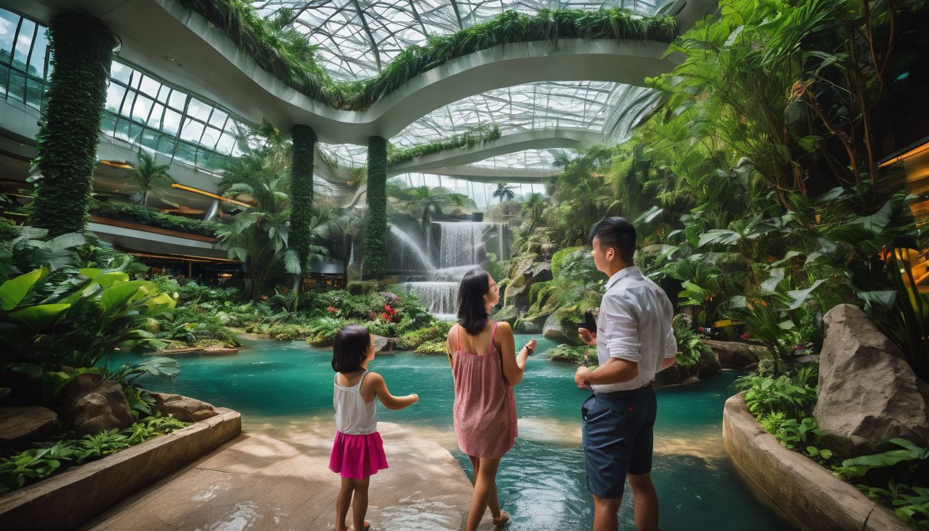 An Asian family explores the beautiful indoor gardens and waterfalls of Changi Airport.