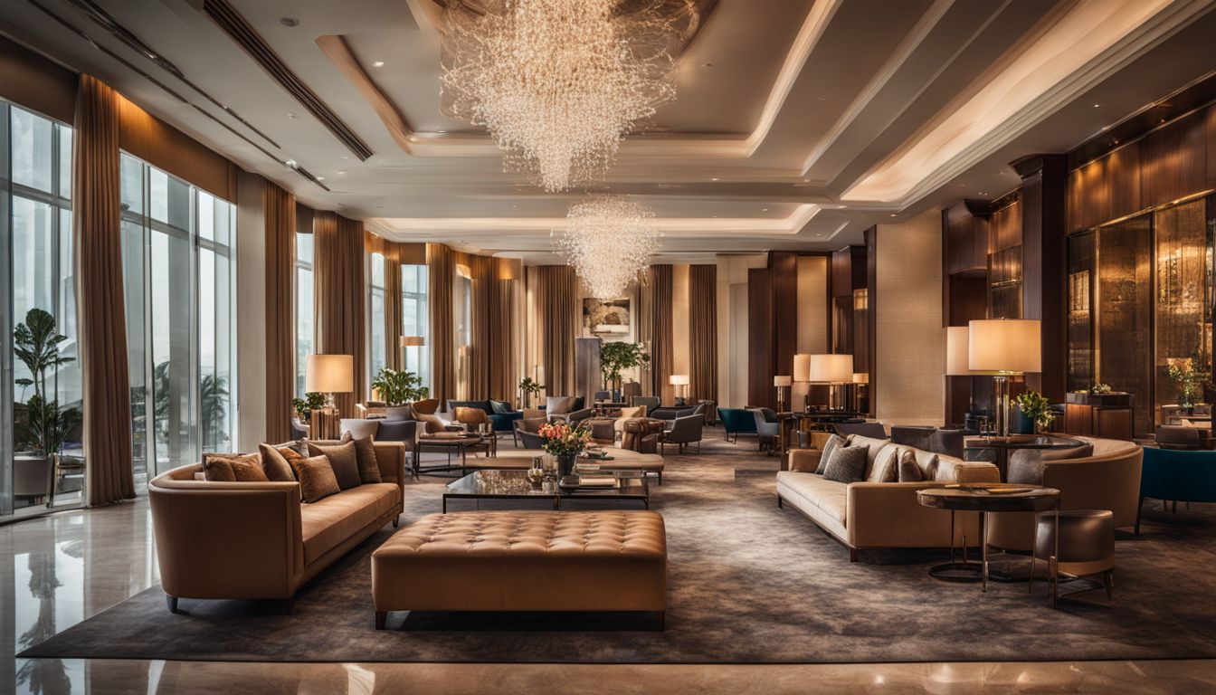 A glamorous hotel lobby filled with diverse guests and stylish decor, captured with high-quality photography equipment.