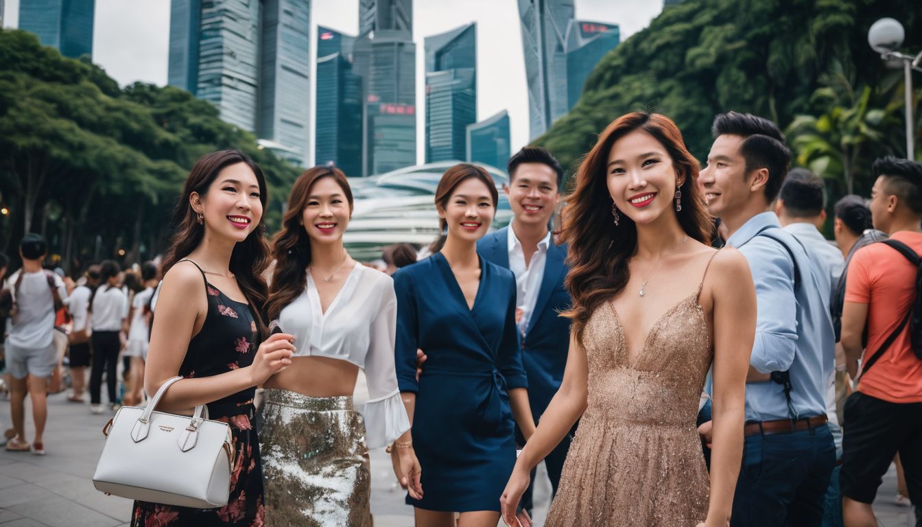 A diverse group of travelers poses in front of a Singapore landmark, capturing the bustling atmosphere of the city.
