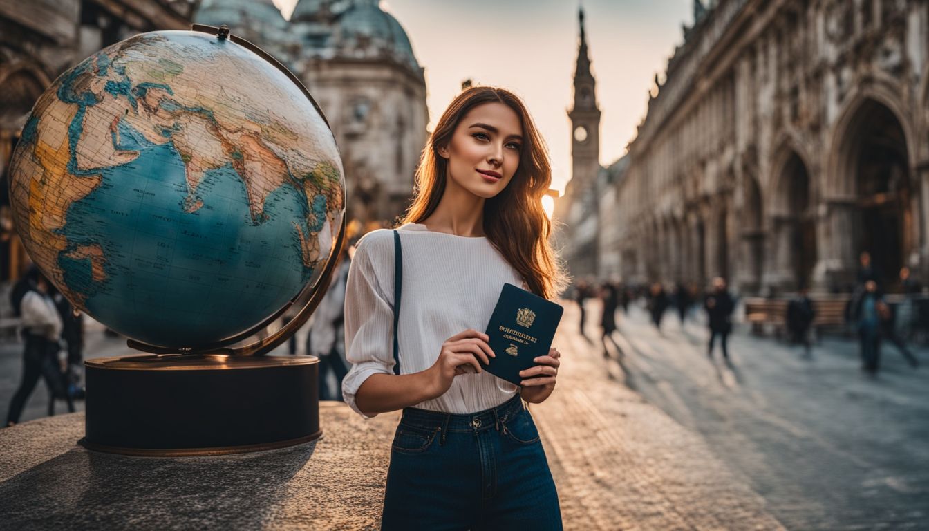 A traveler poses with a passport and globe in front of a landmark, capturing the diverse faces and styles of city life.