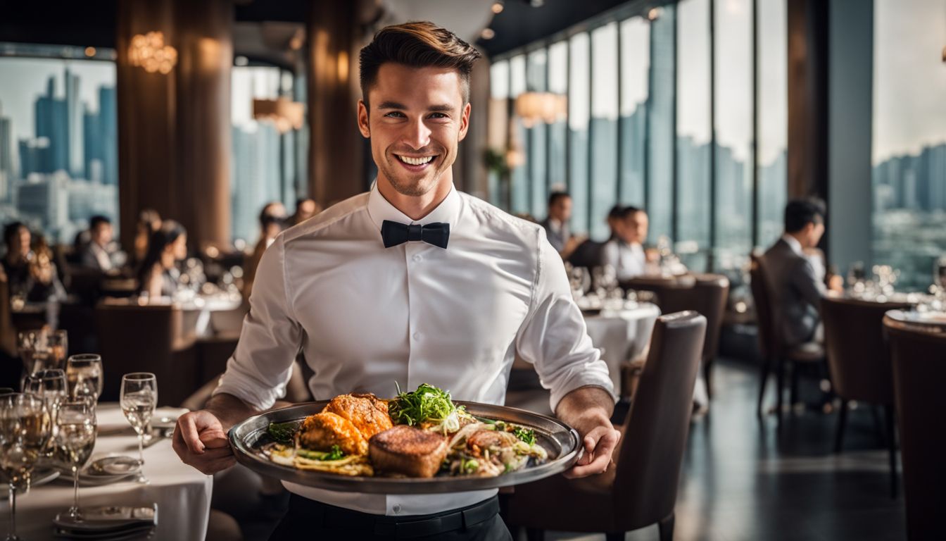 A waiter in a high-end Singapore restaurant smiling and holding a tray of food in a bustling atmosphere.
