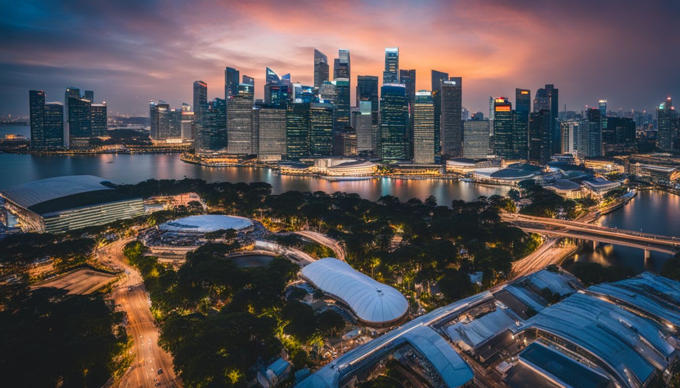 A vibrant cityscape of Singapore at dusk, showcasing its modern infrastructure and bustling atmosphere.