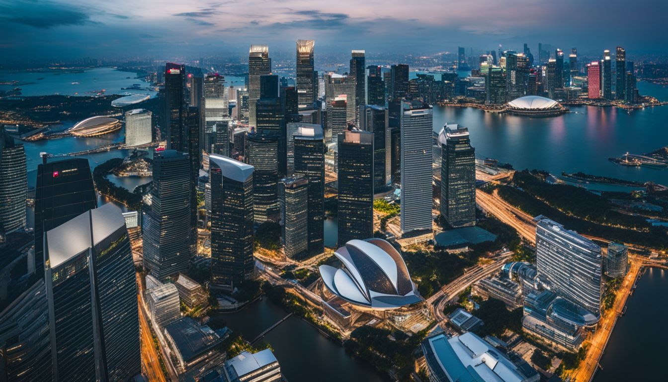 An aerial photo showcasing Singapore's central business district, highlighting its economic success and bustling financial activity.