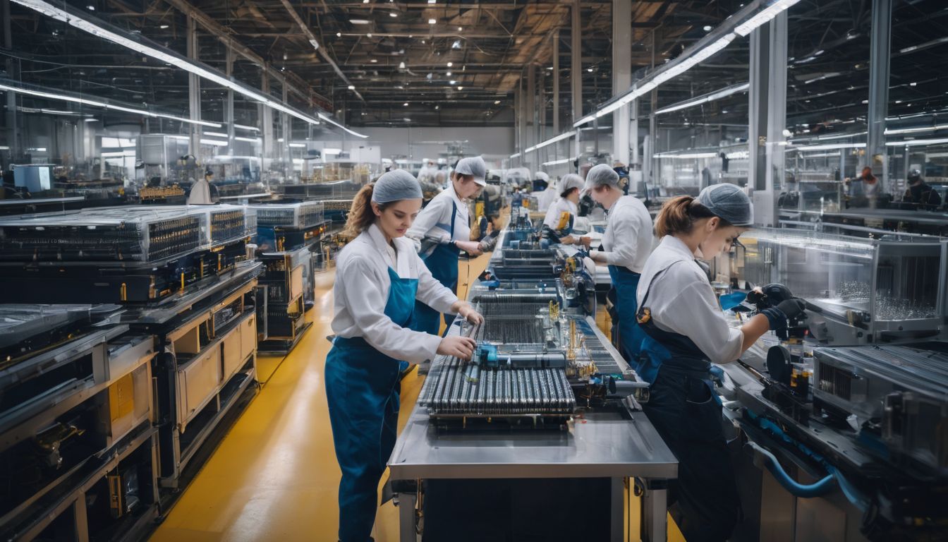 A high-tech manufacturing factory floor with workers in action, captured in a detailed and vibrant photograph.