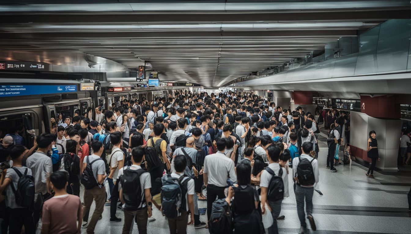 A crowded MRT station during rush hour with diverse individuals and a bustling atmosphere captured with a high-quality camera.