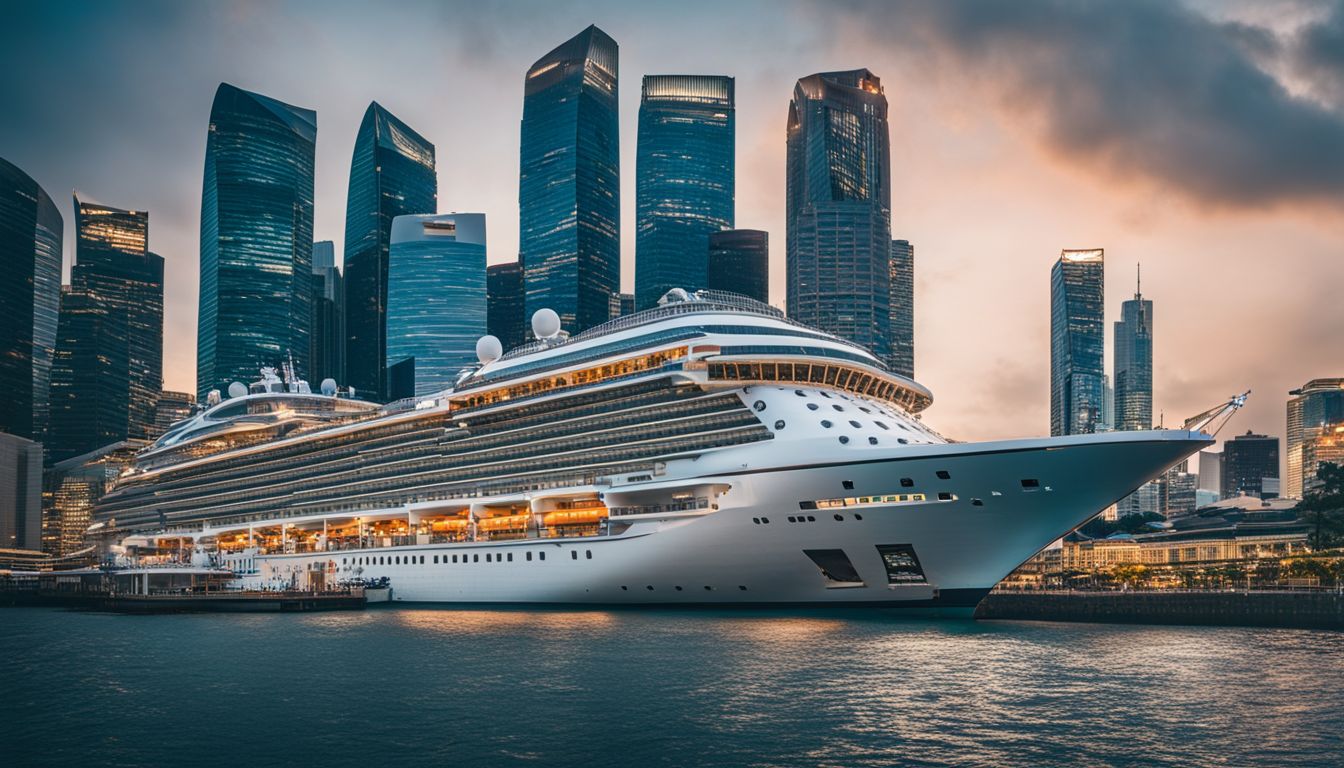 A sleek cruise ship docked at Marina Bay, surrounded by the stunning city skyline, captured in a bustling atmosphere.