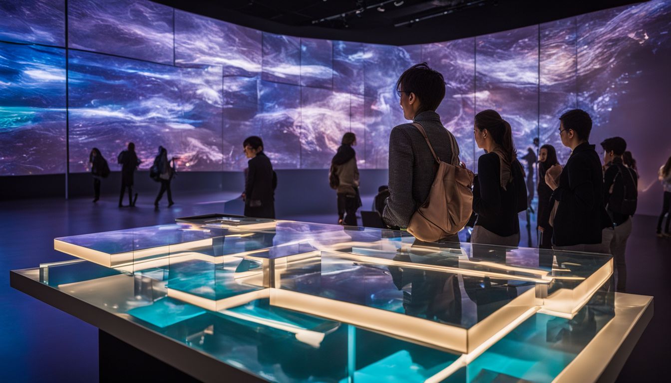 Visitors explore a futuristic interactive exhibit in a contemporary art museum.