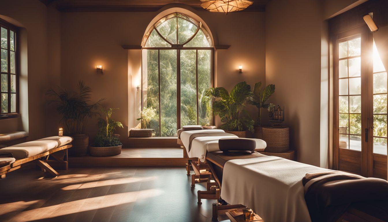 A serene spa room with a massage table and tranquil décor featuring people with various appearances and outfits.