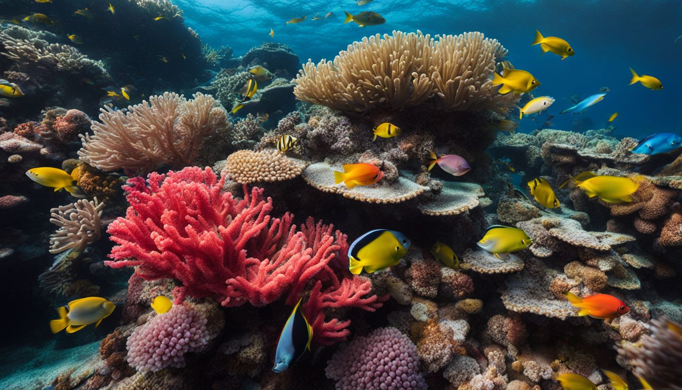 A vibrant coral reef with diverse marine life captured in a stunning and detailed photograph.