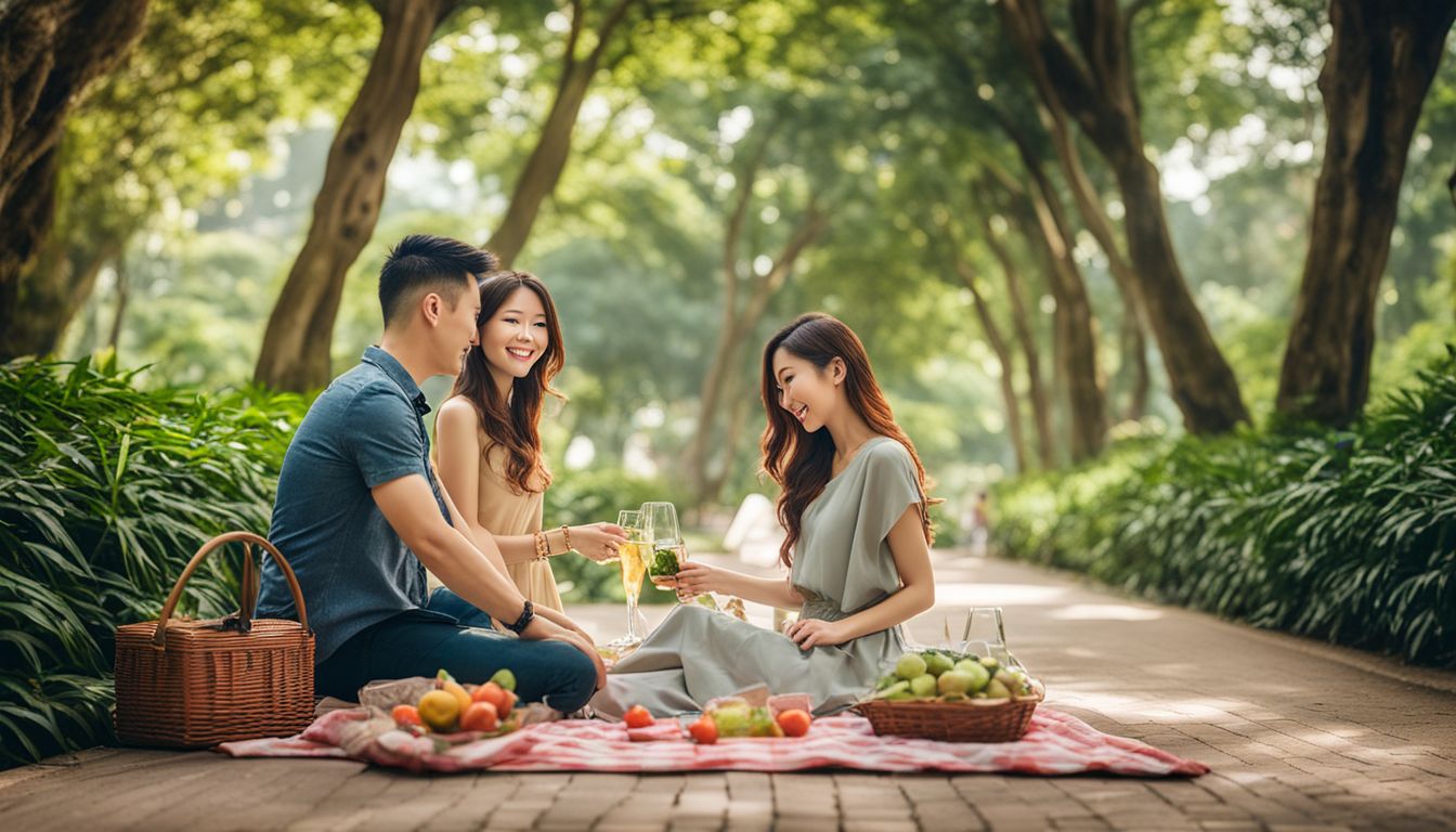 A couple enjoys a picnic surrounded by lush greenery in Fort Canning Park.