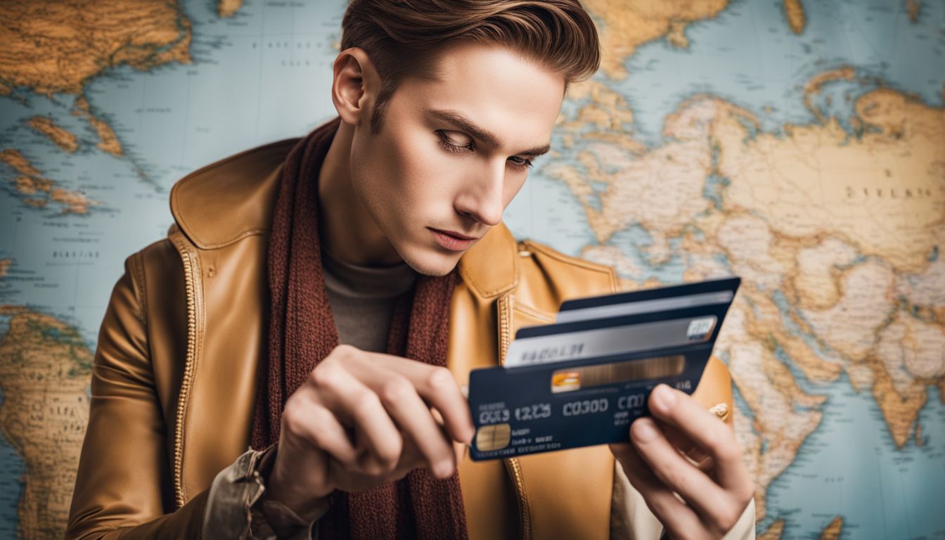 A traveler poses with a credit card against a global map background in a bustling atmosphere.