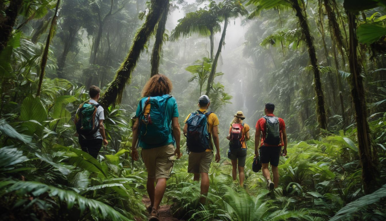 A diverse group of people explore a vibrant rainforest, capturing its beauty through nature photography.
