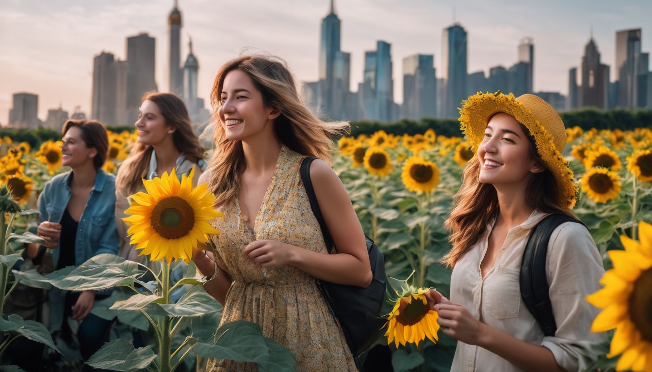 A diverse group of tourists explore a vibrant sunflower garden on a rooftop.