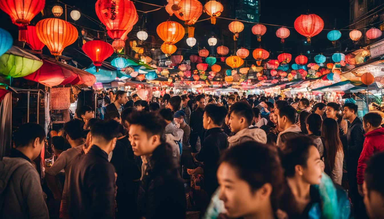 A lively night market with a diverse crowd, colorful lights, and bustling atmosphere, captured in a vibrant photograph.