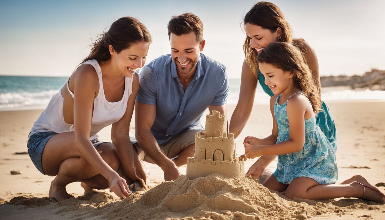A happy family of four enjoying a day at the beach, building a sandcastle.