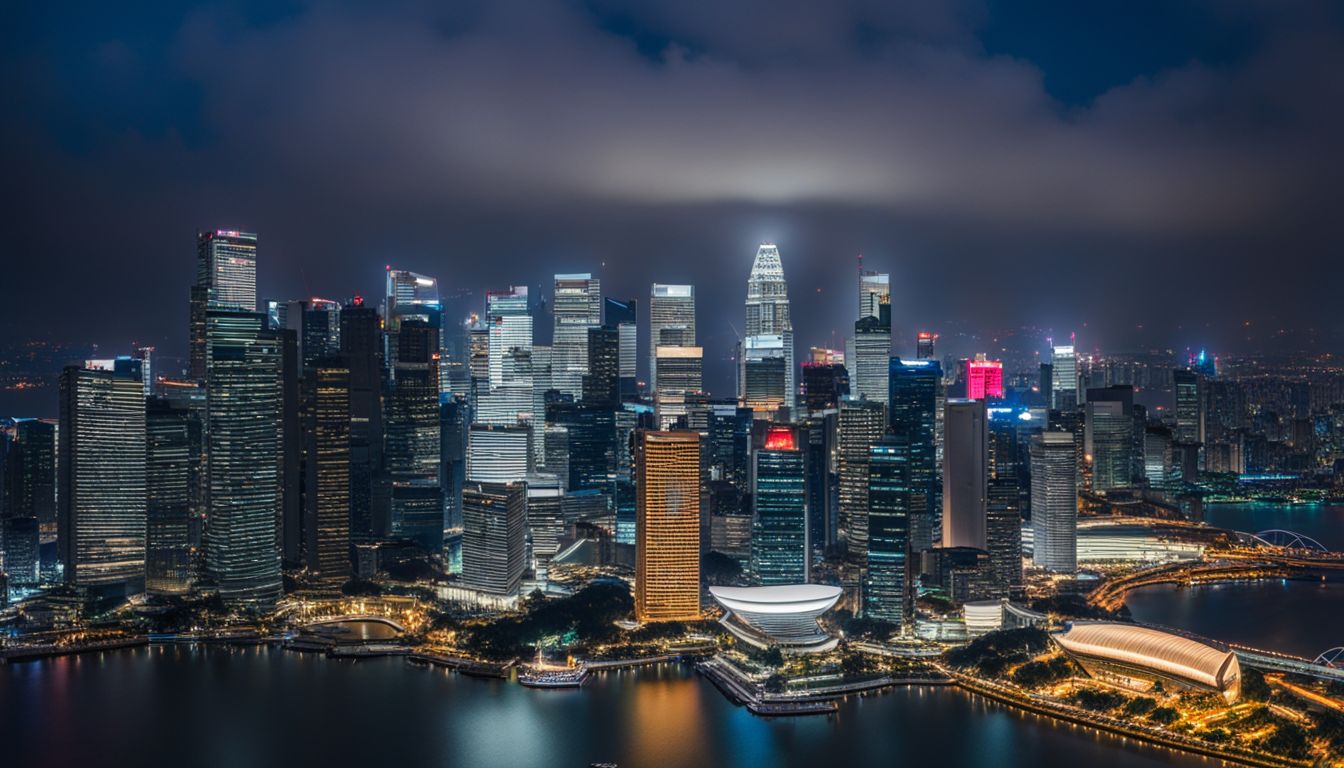 A vibrant night skyline of Singapore captured with attention to detail and variety of people.