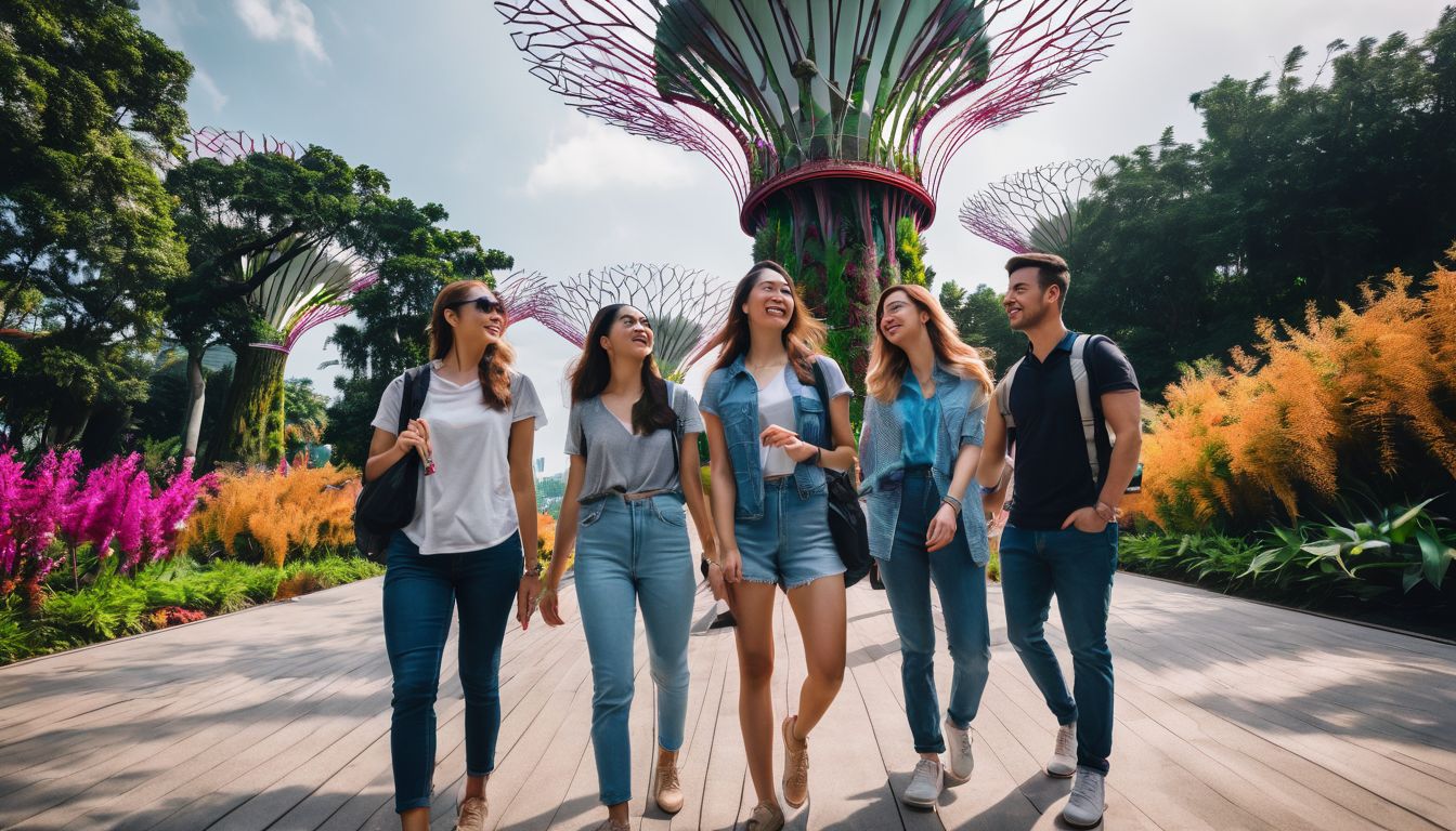 A diverse group of tourists exploring the iconic Gardens by the Bay in Singapore.