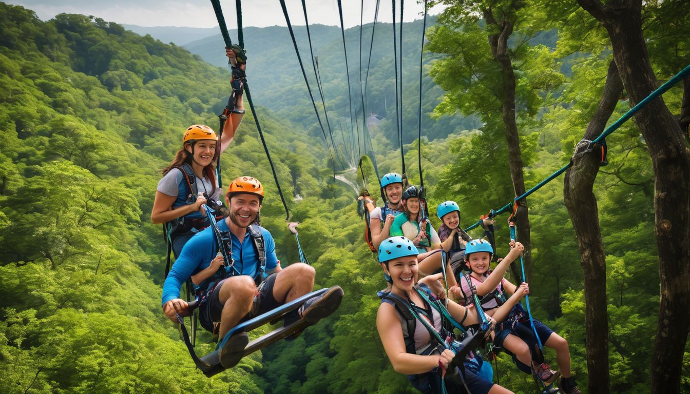A family enjoys a thrilling ride on the Mega Adventure Park zipline above lush greenery.