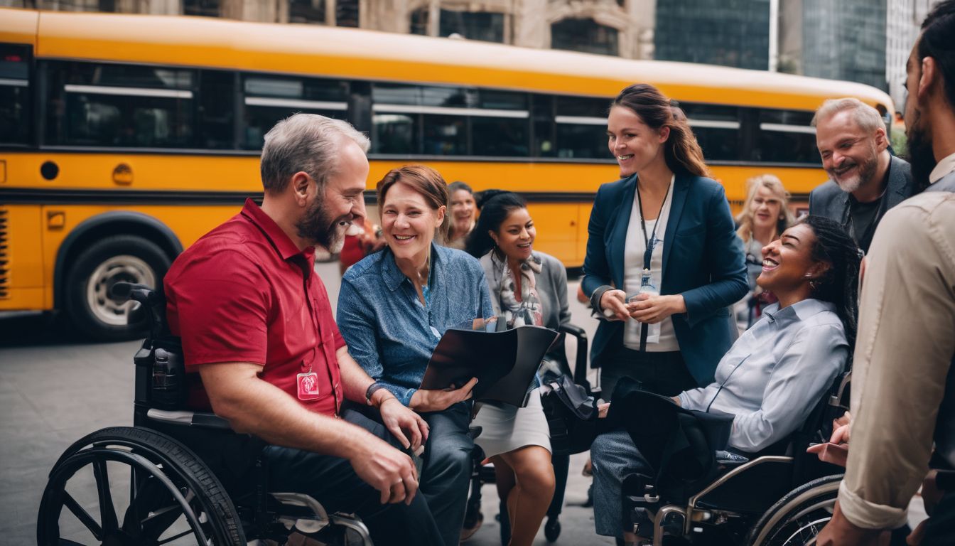 A diverse group of people with disabilities and bus representatives discussing future plans.