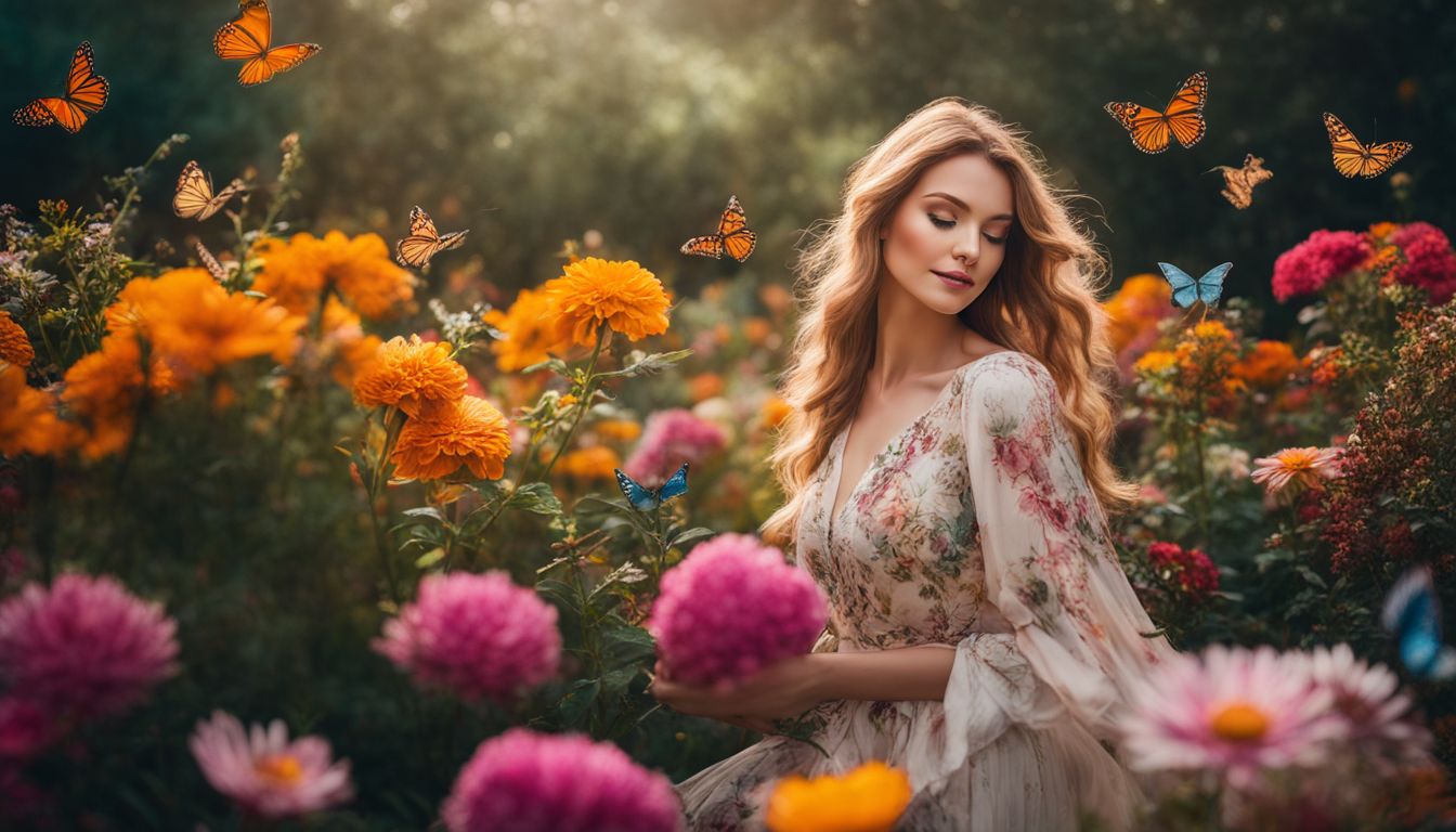 A woman surrounded by vibrant flowers and butterflies, captured in a stunning photograph.