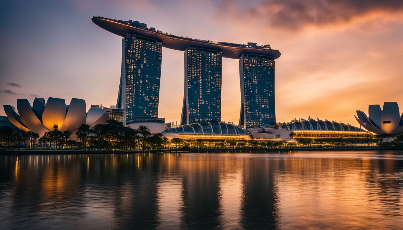 A vibrant photo capturing the Marina Bay Sands overlooking Singapore's skyline at sunset with different people and outfits.