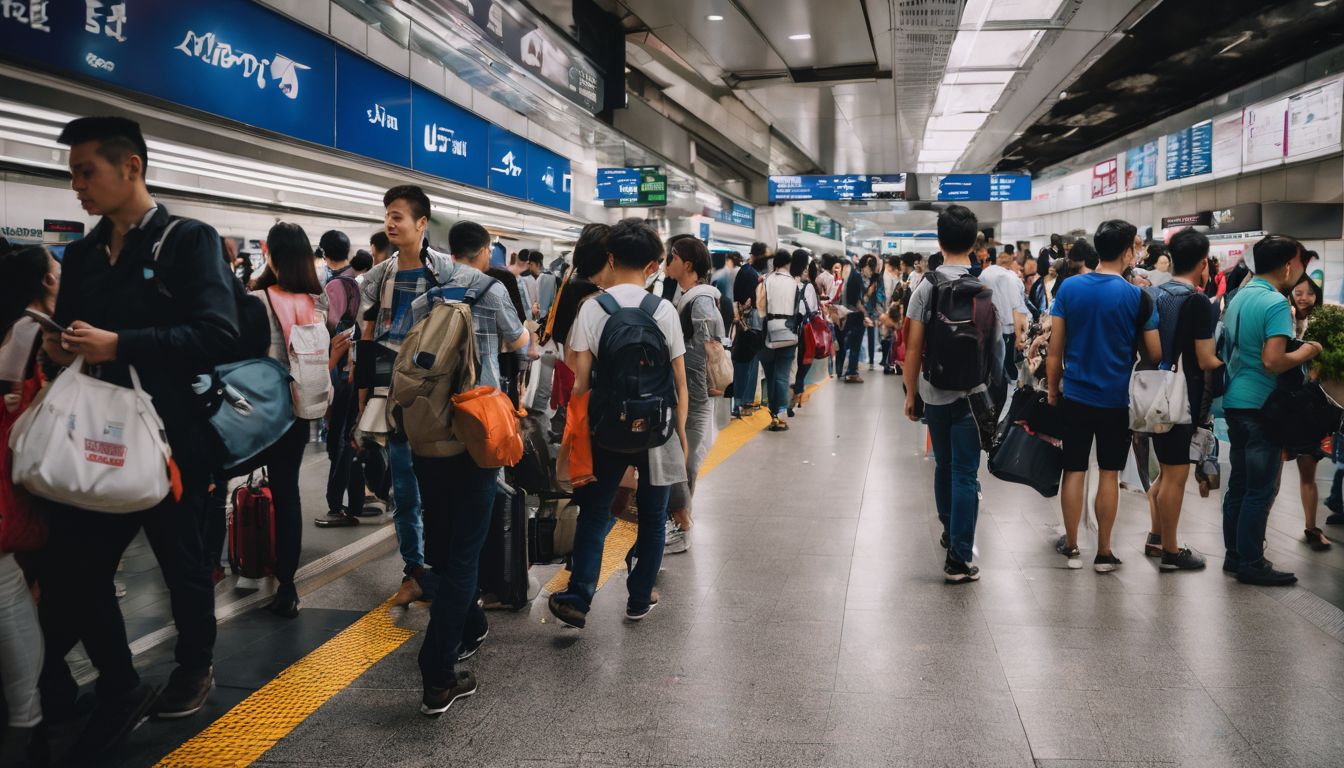 A busy MRT station with diverse individuals waiting, captured in high-quality detail with a professional camera.
