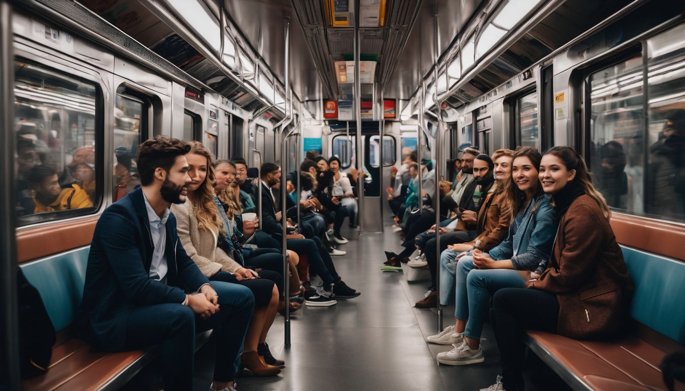 A diverse group of people are sitting in a modern subway car in a bustling cityscape.