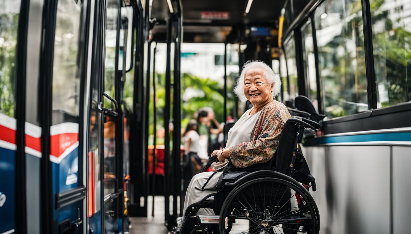 A wheelchair user boards a wheelchair-accessible bus in Singapore, capturing a variety of faces, hairstyles, and outfits.