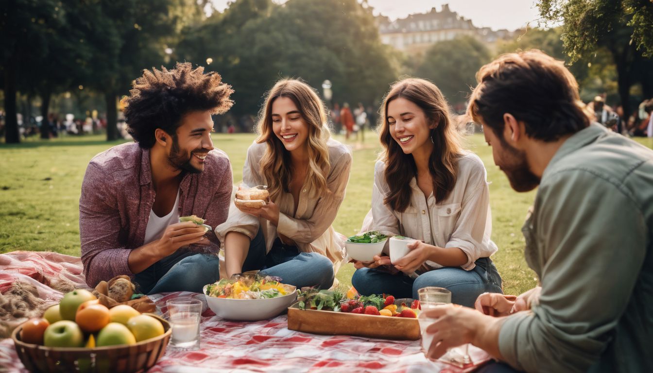 A diverse group of friends enjoys a picnic in a park surrounded by fresh and healthy food.