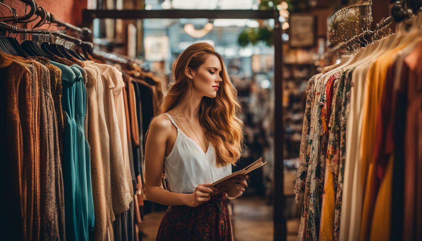 A young woman exploring a vibrant thrift shop filled with unique vintage clothing.