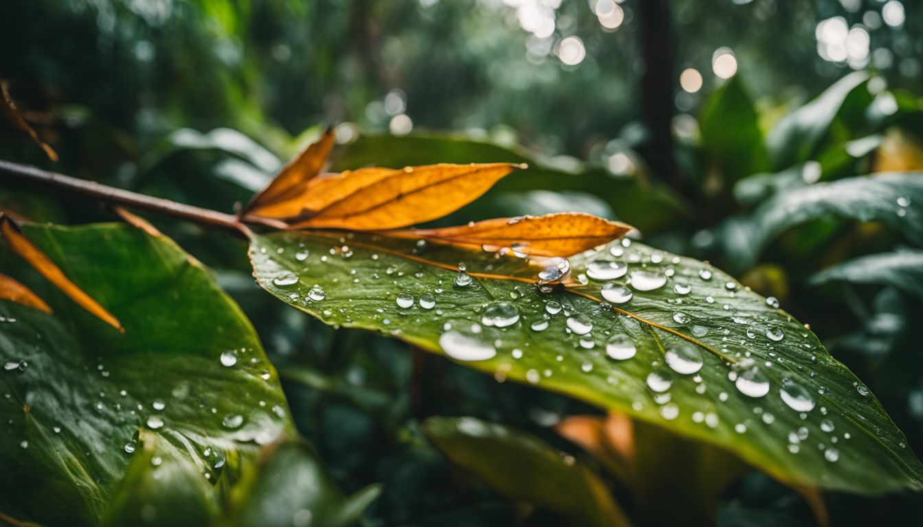 A colorful photograph captures raindrops falling on leaves in a lush tropical garden.