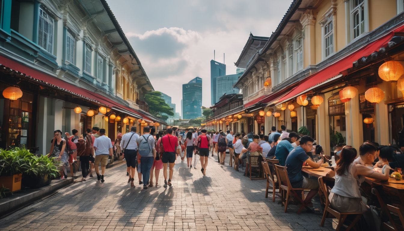 A diverse group of people explore historical landmarks in Singapore, captured in a stunning photograph.