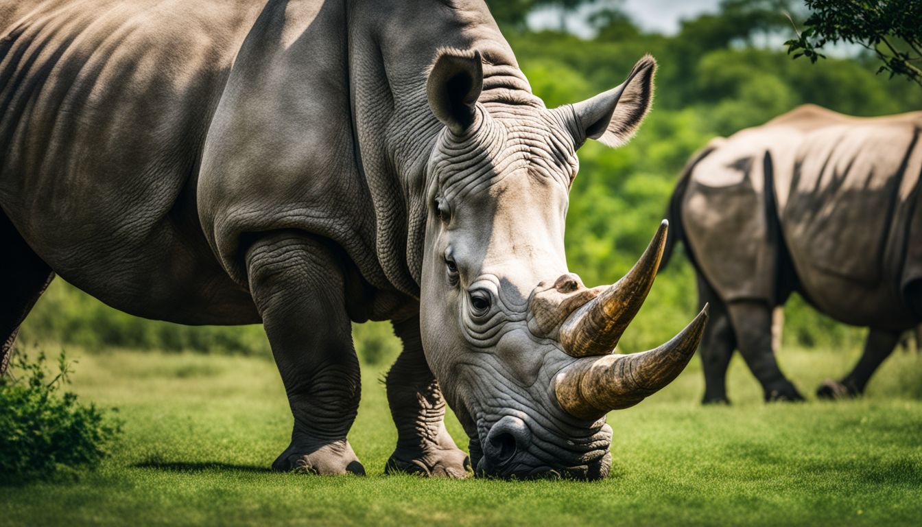 A photograph of an endangered white rhinoceros peacefully grazing in lush greenery.