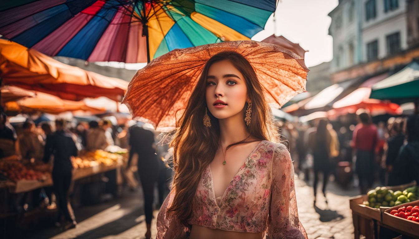 A girl with an umbrella in a vibrant outdoor market, surrounded by diverse people and lively atmosphere.
